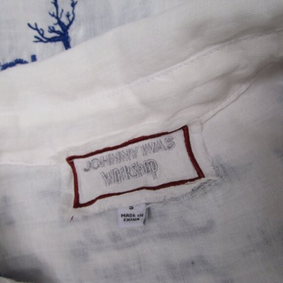 Embroidered Classic Shirt White Ramie Royal Blue - Picture 11 of 14